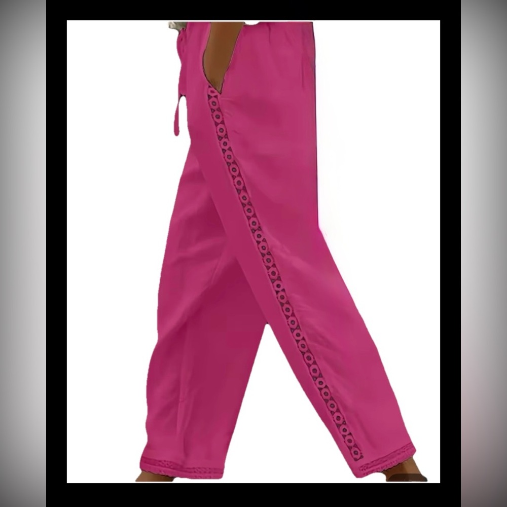 Cherry Pink Cropped Pants | Lace Detail | Elastic Waist & Pockets | M | NWT - Picture 2 of 8